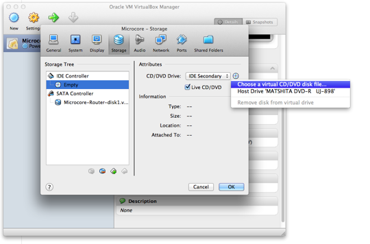 Attaching the Microcore iso to the virtual appliance